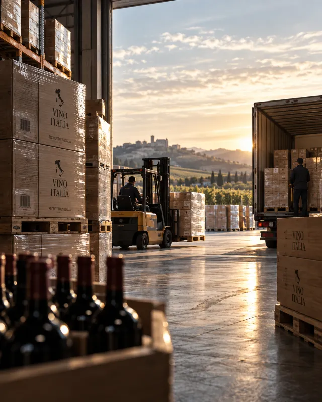 Logistica e distribuzione del vino italiano: pallet, magazzino e carico delle merci verso i mercati.