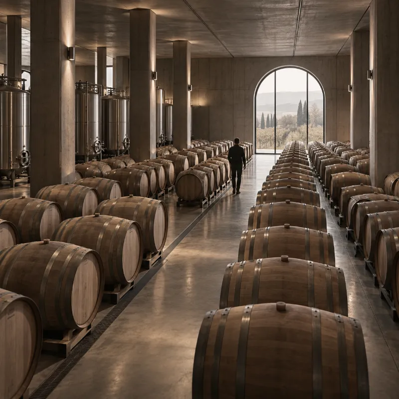 Cantina moderna con botti e impianti di vinificazione.