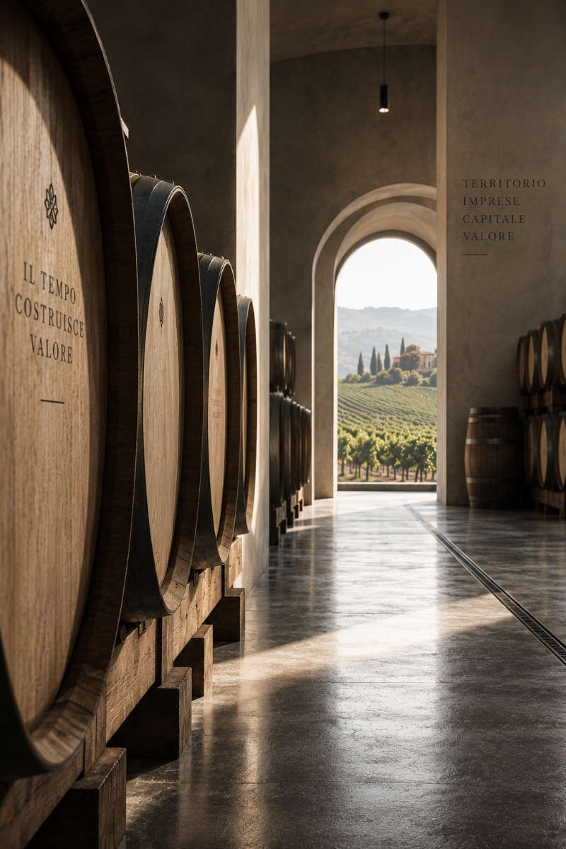 Botti in legno in una cantina vinicola con vigneti visibili sullo sfondo