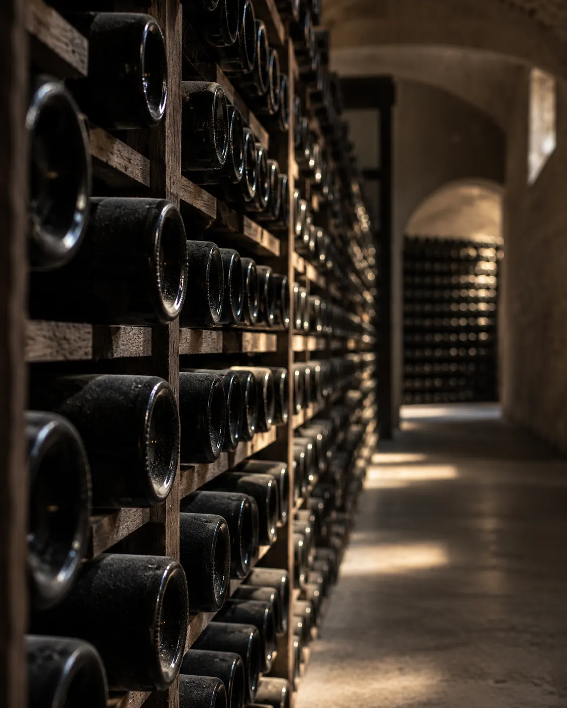 Bottiglie di vino in affinamento in cantina, simbolo del capitale immobilizzato nel tempo