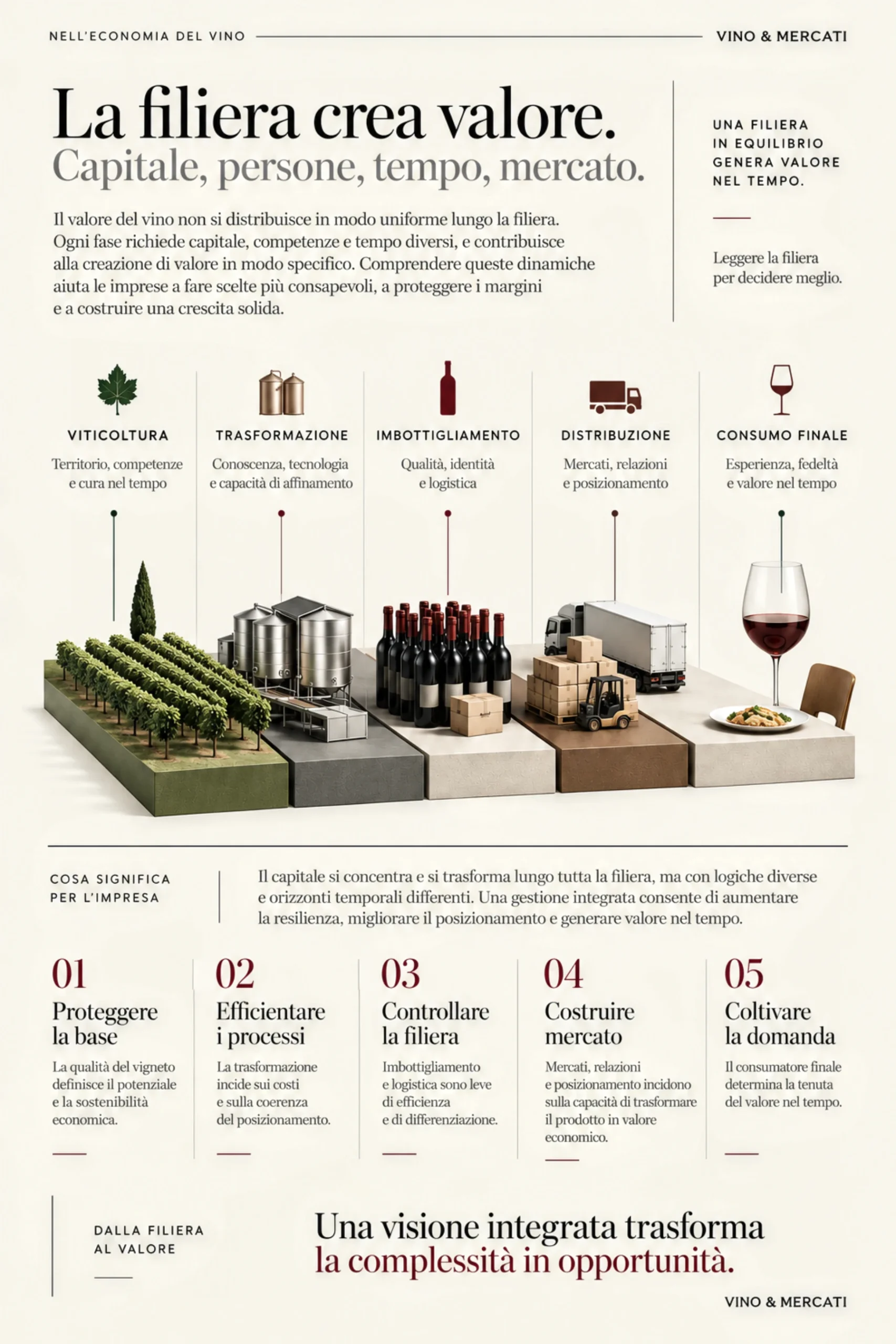Infografica della filiera vitivinicola dalla viticoltura al consumo finale, con le fasi di trasformazione, imbottigliamento e distribuzione